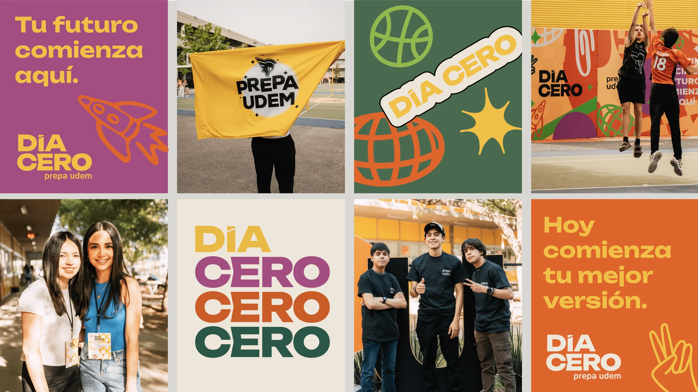 Grid of Día Cero campaign pieces: student photography, merchandising and brand messages