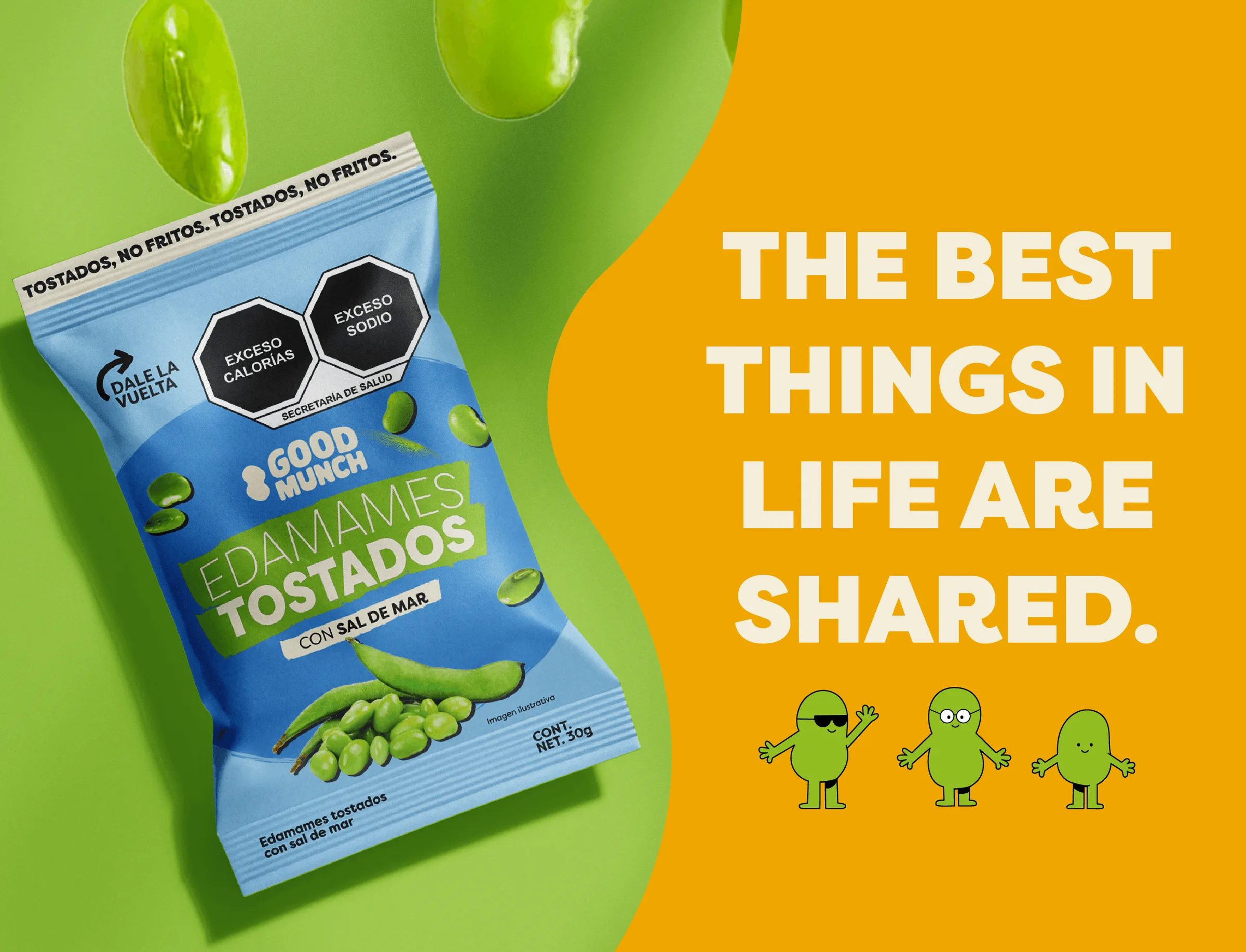 Good Munch packaging with the line «The best things in life are shared» and the edamame characters