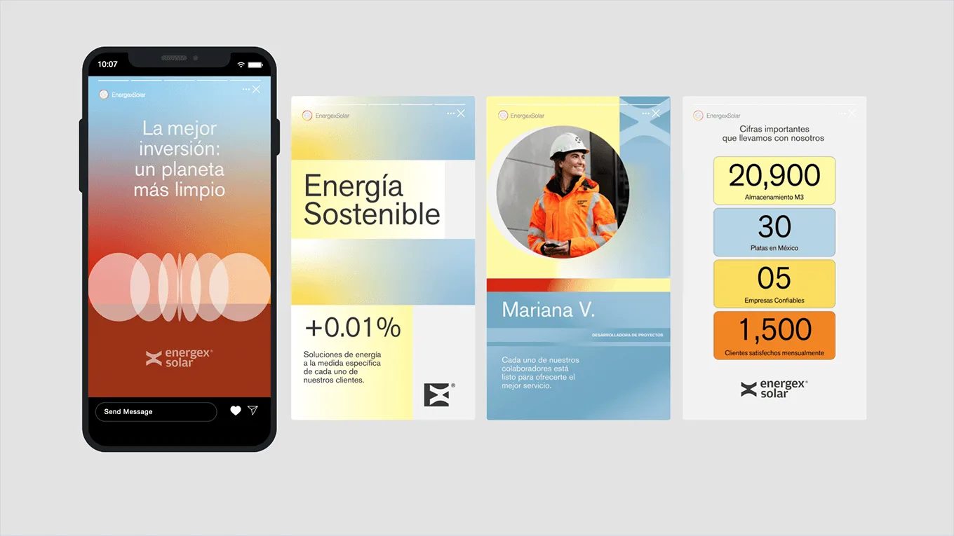 Energex Solar digital application: phone showing the campaign «La mejor inversión: un planeta más limpio» with data cards