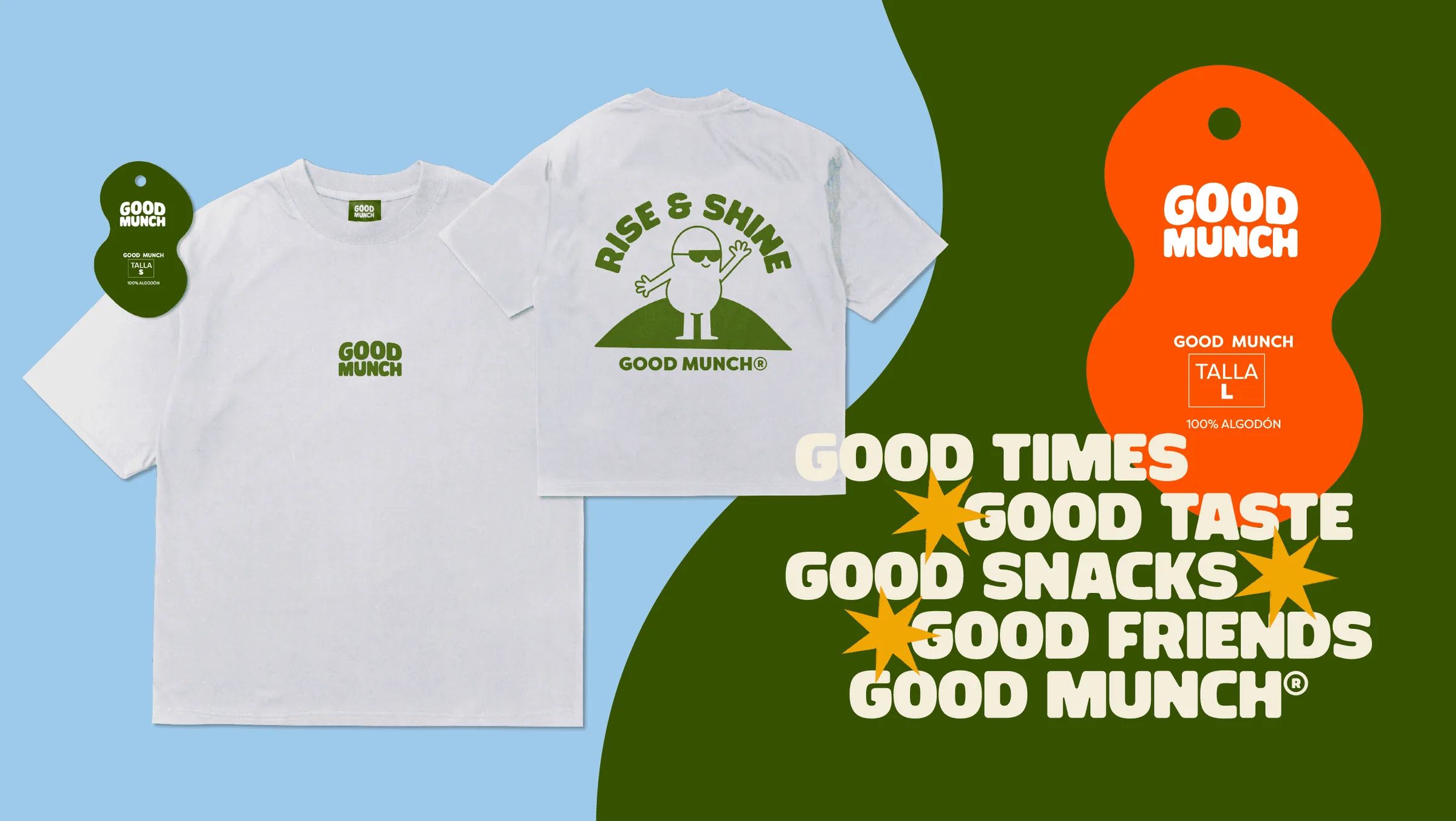 Good Munch merchandising: t-shirt, tags and the graphic «Good times, good taste, good snacks, good friends»