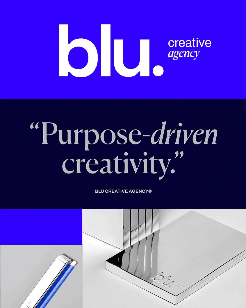 Blu’s 2025 rebrand: the blu. creative agency logo on electric blue, the line “Purpose-driven creativity.” on navy, and a chrome piece from the new visual system.