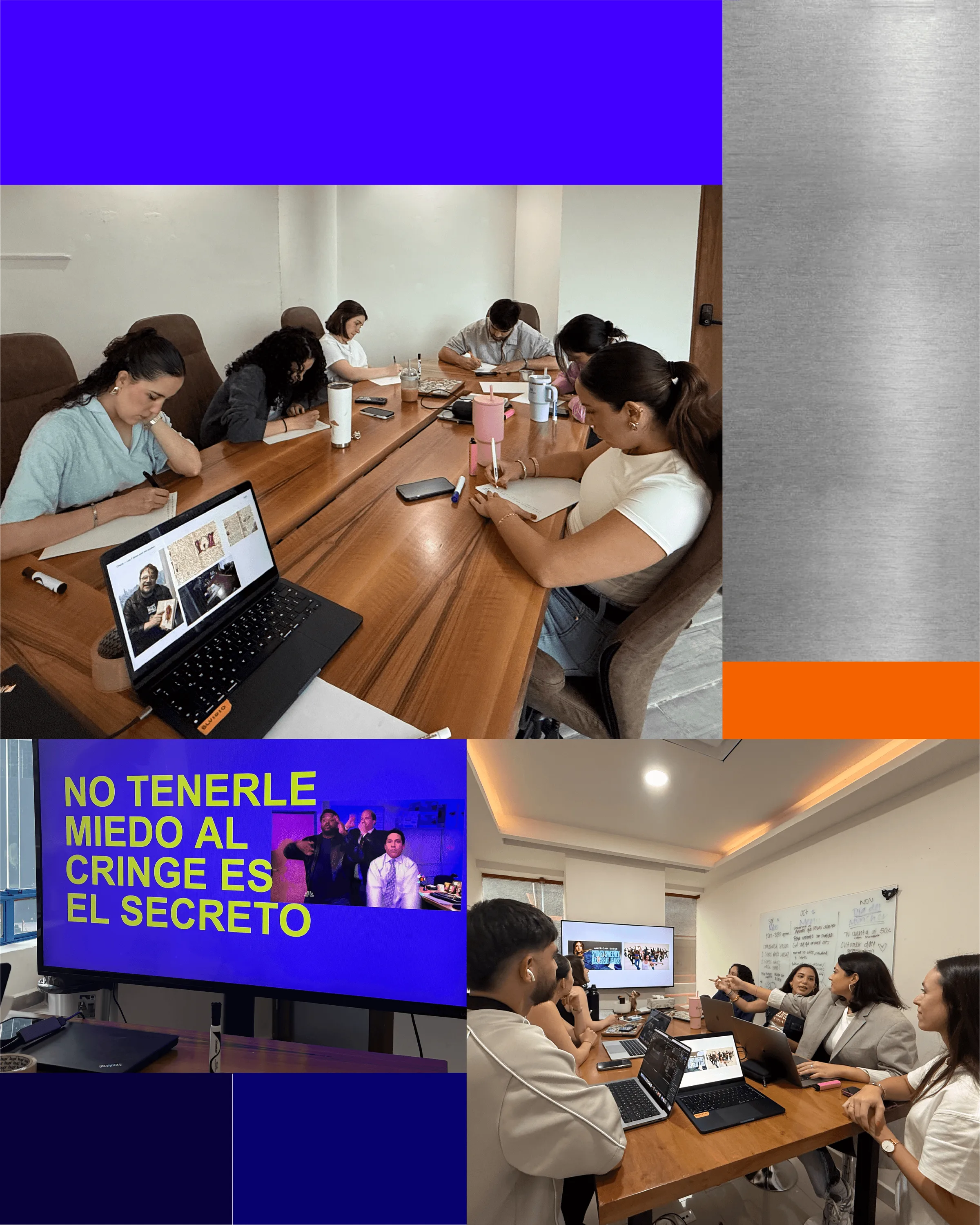 The Blu team in a Monday session around the meeting-room table, with references up on the screen.