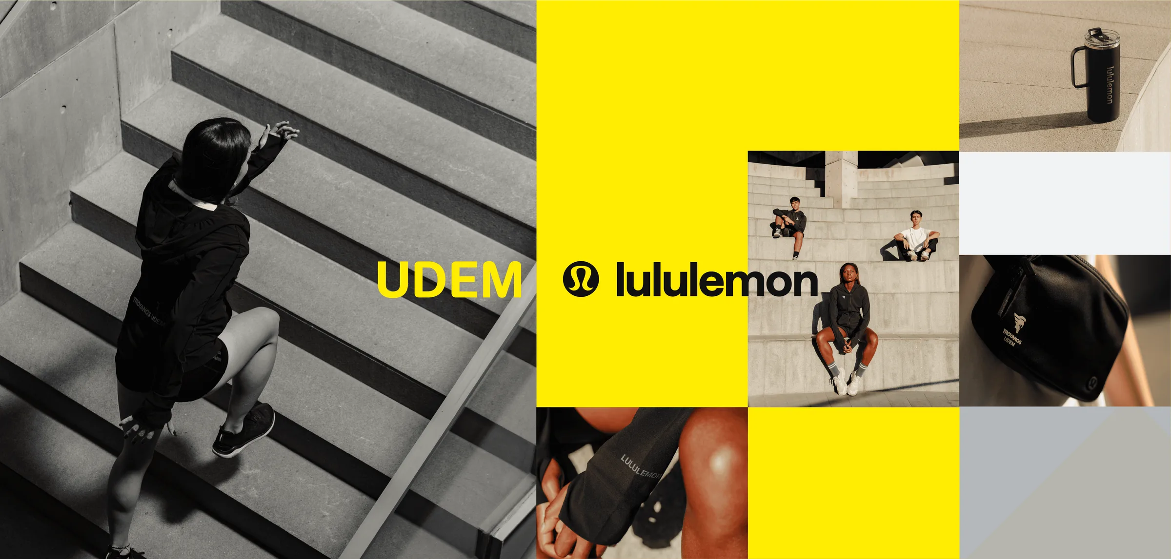 UDEM × lululemon campaign collage: students on the campus stairs, both logos on a yellow panel, and product shots from the collection.