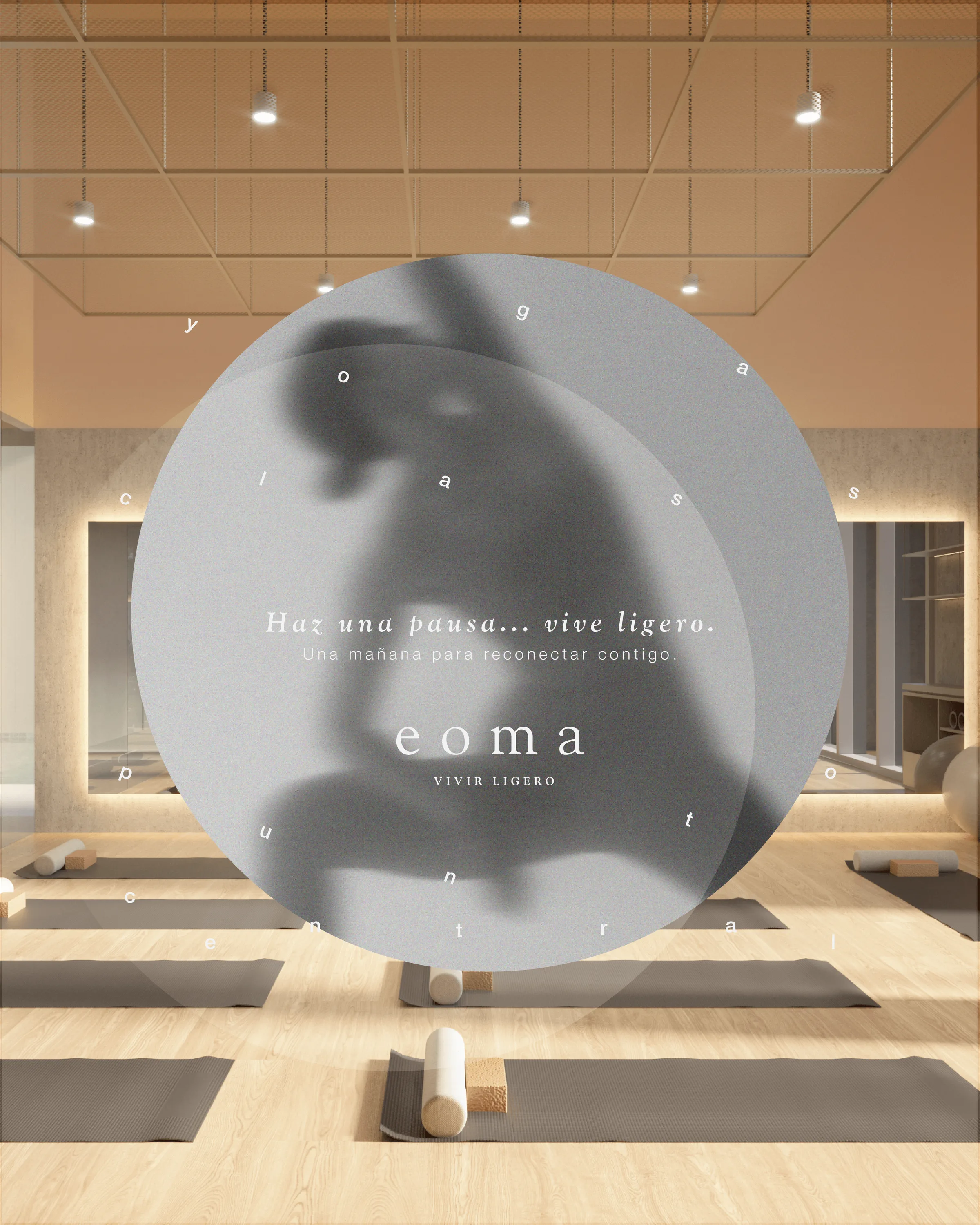 A yoga studio with the mats laid out, overlaid with Eoma’s invitation “Haz una pausa… vive ligero”.