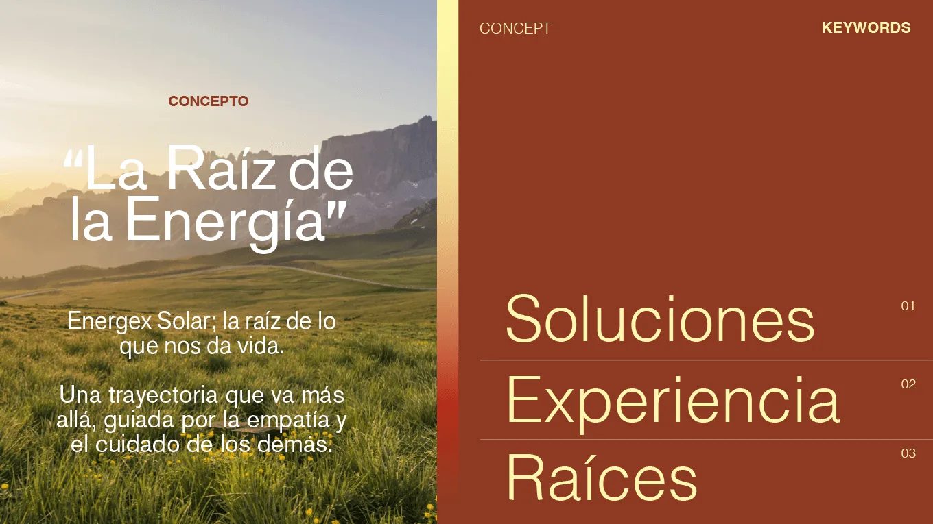 Energex Solar concept boards: «La Raíz de la Energía» over a landscape, beside the keywords Soluciones, Experiencia and Raíces