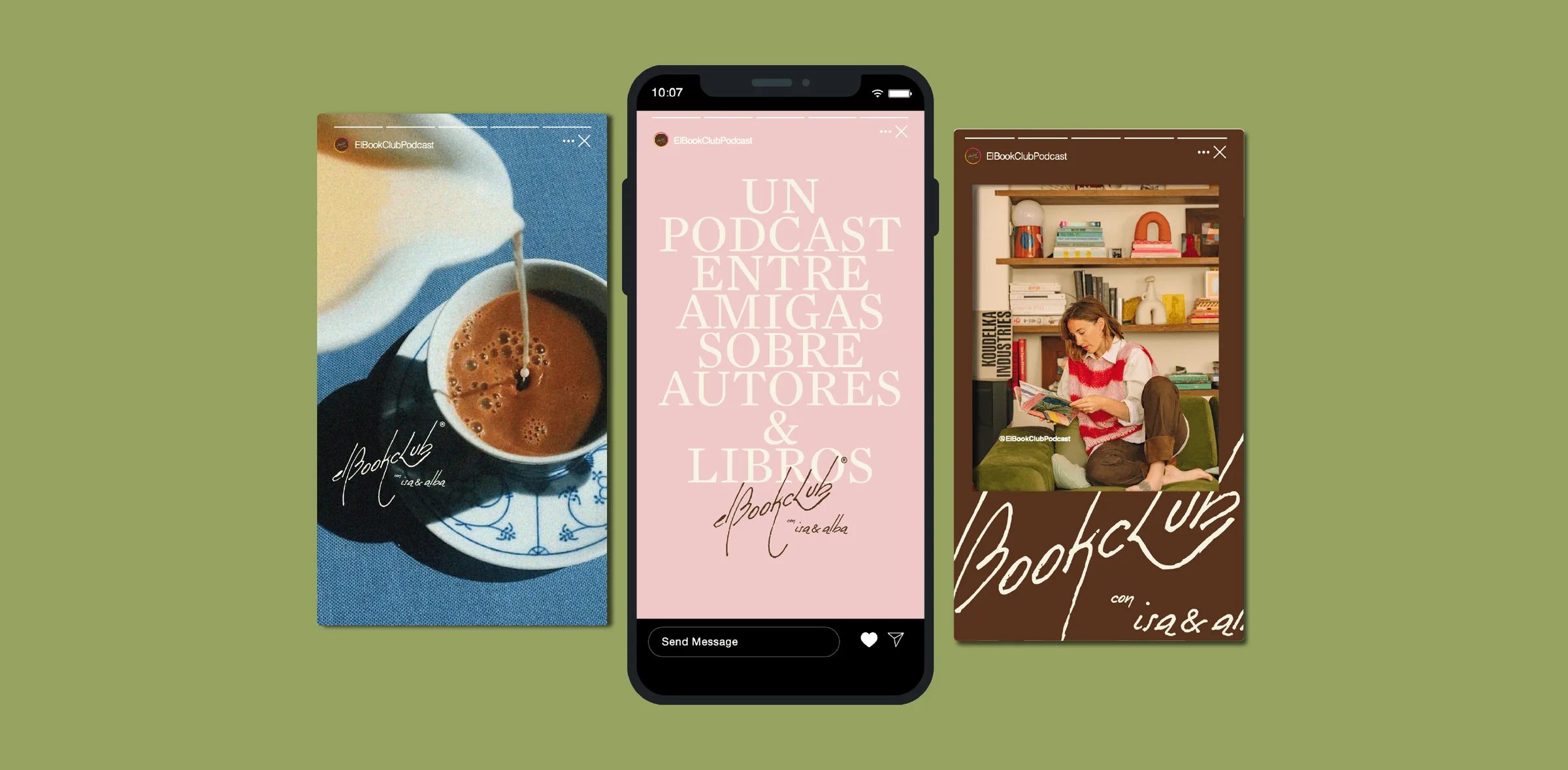 Three phones on a green background showing El BookClub posts about coffee, authors and books