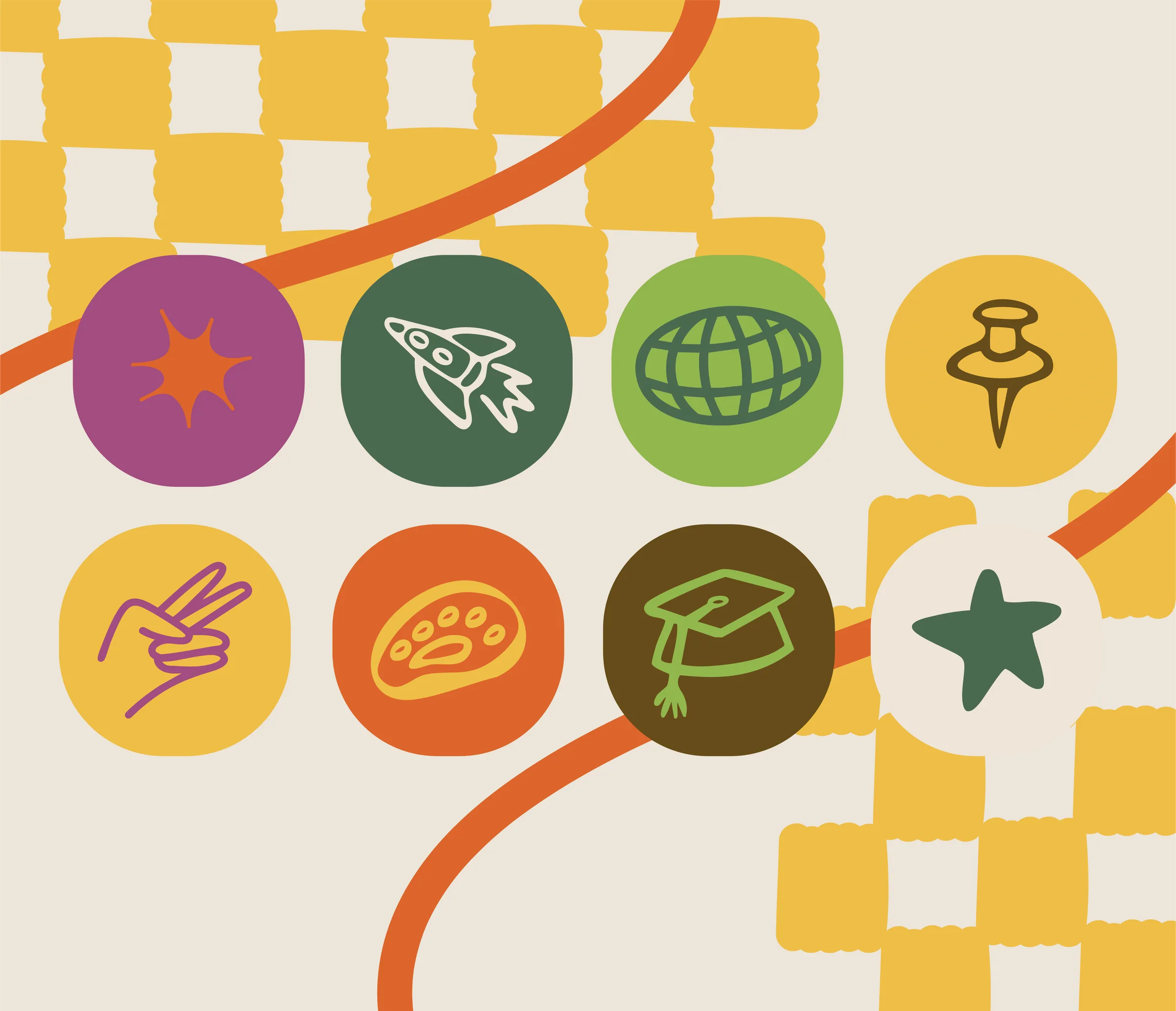 Día Cero graphic pattern with circular icons of a rocket, globe, graduation cap and star over a yellow grid