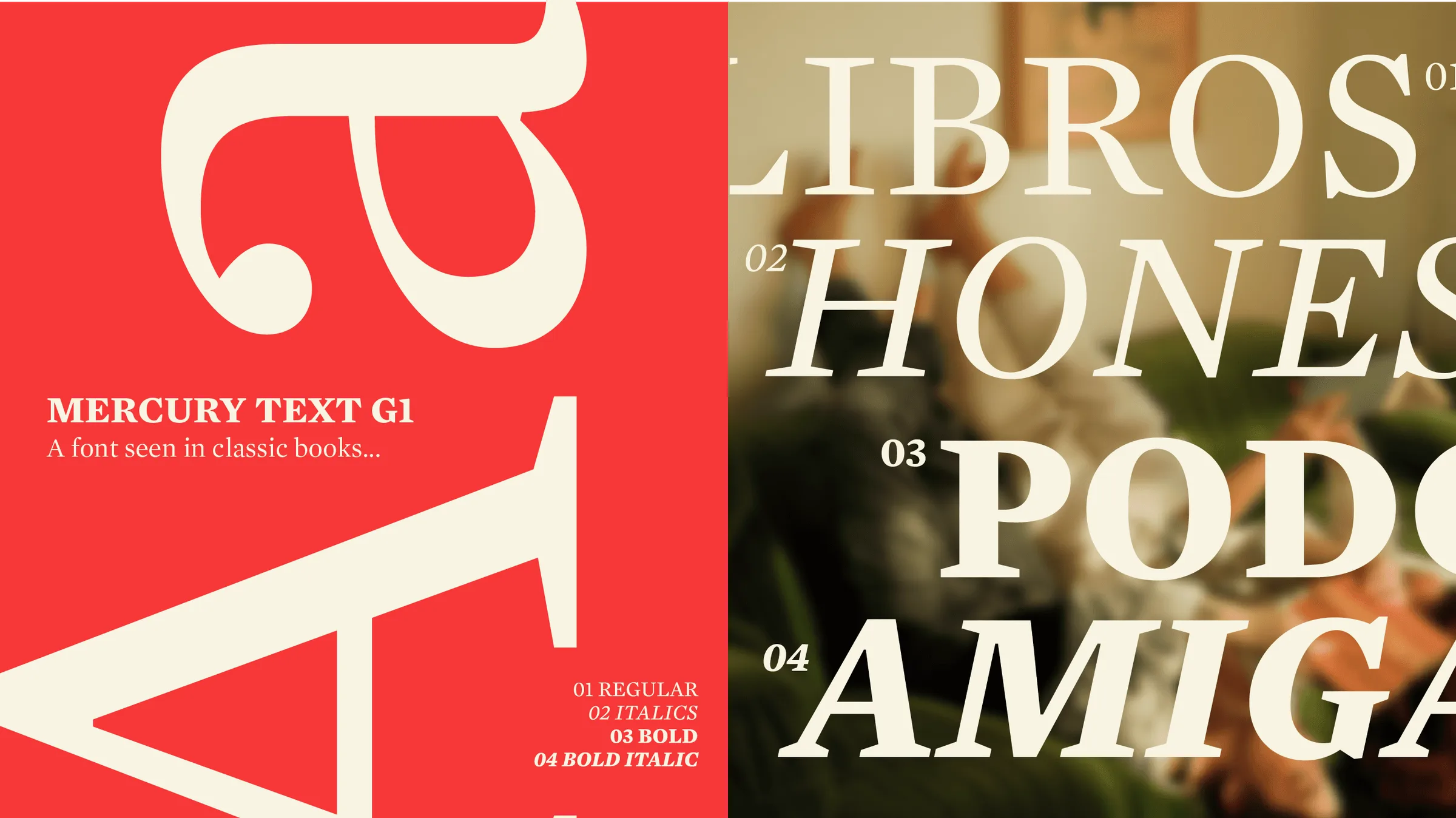 El BookClub type specimen: Mercury Text G1 in red beside editorial covers reading Libros, Honestos, Poder and Amiga